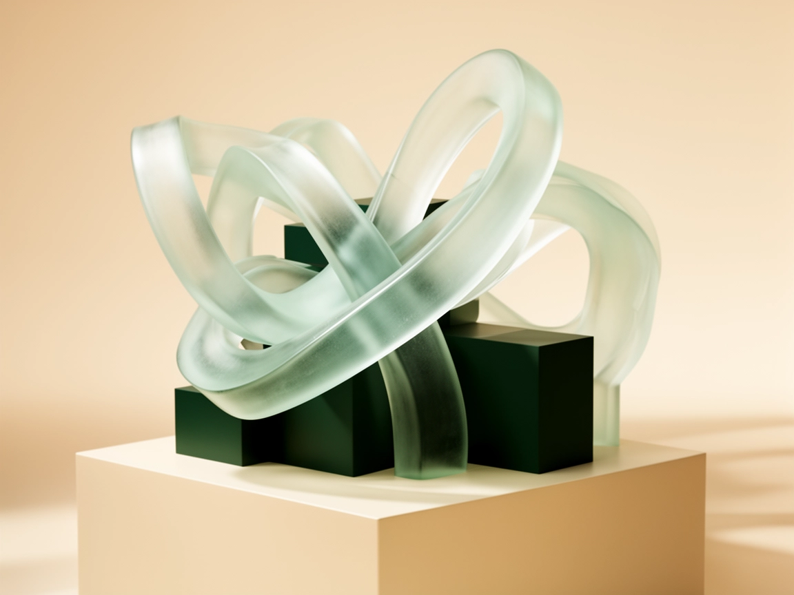 Interconnected mint glass and forest-green architectural forms representing artificial intelligence
